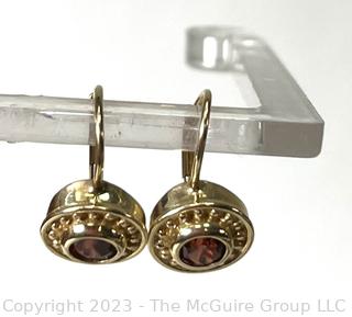 Pair of 14K Yellow Gold with Garnet Stone Drop Pierced Earrings.  2.9 grams total weight