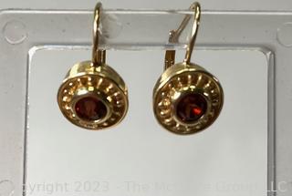 Pair of 14K Yellow Gold with Garnet Stone Drop Pierced Earrings.  2.9 grams total weight