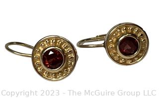 Pair of 14K Yellow Gold with Garnet Stone Drop Pierced Earrings.  2.9 grams total weight