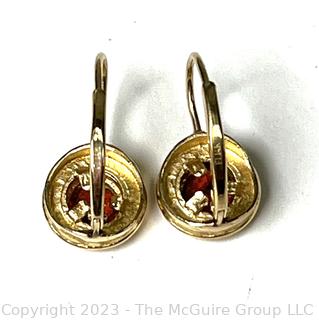 Pair of 14K Yellow Gold with Garnet Stone Drop Pierced Earrings.  2.9 grams total weight