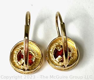 Pair of 14K Yellow Gold with Garnet Stone Drop Pierced Earrings.  2.9 grams total weight