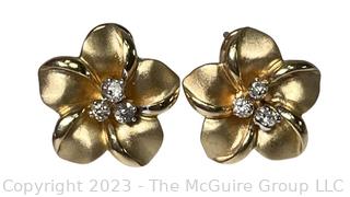 Pair of 14K Yellow Gold with Diamond Center Flower Pierced Earrings.  5.5 grams