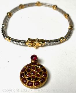 Two-Tone Faux Tennis Bracelet and Gold with Stones Pendant