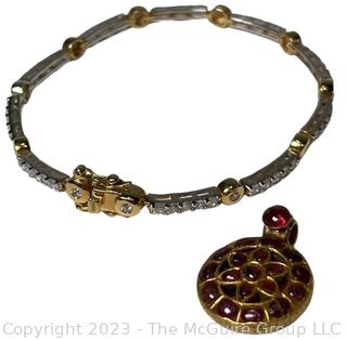 Two-Tone Faux Tennis Bracelet and Gold with Stones Pendant