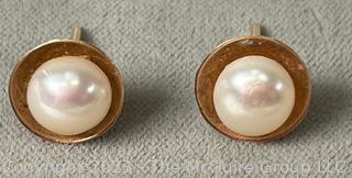 Pair of 14K Yellow Gold Natural Pearl Pierced Stud Earrings.  2.7 grams total weight