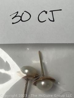 Pair of 14K Yellow Gold Natural Pearl Pierced Stud Earrings.  2.7 grams total weight