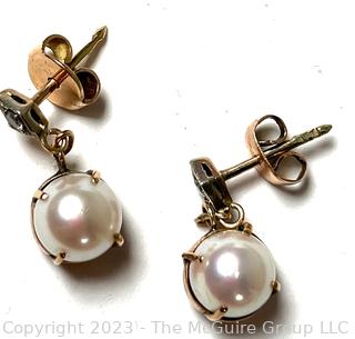 Antique 14K Yellow Gold with Natural Pearl Pierced Dangle Earrings.  4.9 grams total weight