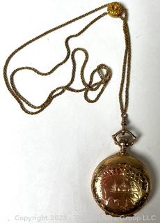 Elgin Ladies 25 Year Gold Filled Full Hunter Pocket Watch Pendant on Rope Chain With Slide Adjustment.