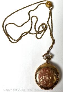 Elgin Ladies 25 Year Gold Filled Full Hunter Pocket Watch Pendant on Rope Chain With Slide Adjustment.