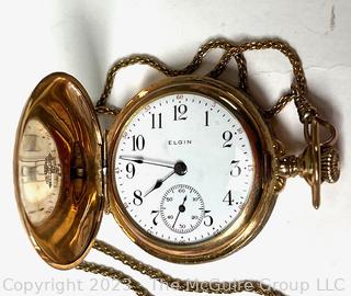 Elgin Ladies 25 Year Gold Filled Full Hunter Pocket Watch Pendant on Rope Chain With Slide Adjustment.