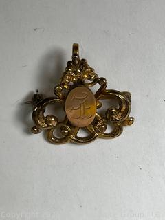 Antique Art Nouveau Gold Filled Brooch or Pendant with Engraved Initial E. 1" long.