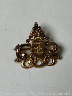 Antique Art Nouveau Gold Filled Brooch or Pendant with Engraved Initial E. 1" long.