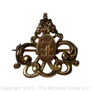 Antique Art Nouveau Gold Filled Brooch or Pendant with Engraved Initial E. 1" long.