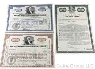 Incanabula: 3 Stock Certificates. The New York Central Railroad Company.