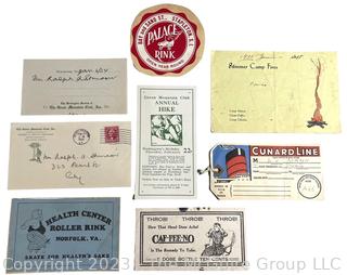 Ephemera including Statesman Ralph Stimson's membership in The Green Mountain Club, Roller Skating Rinks, and Trade Card Advertising Caffeine as a Cure for your headaches.  