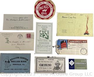 Ephemera including Statesman Ralph Stimson's membership in The Green Mountain Club, Roller Skating Rinks, and Trade Card Advertising Caffeine as a Cure for your headaches.  