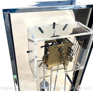 Post Modern Howard Miller Bronze Plexiglass and Chrome Weight Driven Floor Clock.  