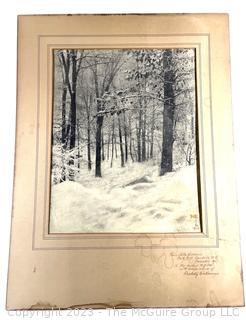 Unframed with Mat Folder Photograph of Trees in Snow with Artist's Signature in Red in Bottom Right Corner with Personalized Note on Mat "From Alta Avenue, Park Hill Yonkers, NY. December 1927, to Mr Herbert H Gibbs With Compliments of Rudolf Eickemeyer".  Some damage to mat. 14" x 19" including mat.  