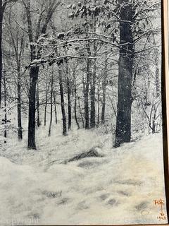 Unframed with Mat Folder Photograph of Trees in Snow with Artist's Signature in Red in Bottom Right Corner with Personalized Note on Mat "From Alta Avenue, Park Hill Yonkers, NY. December 1927, to Mr Herbert H Gibbs With Compliments of Rudolf Eickemeyer".  Some damage to mat. 14" x 19" including mat.  