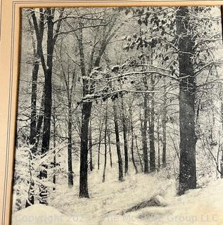 Unframed with Mat Folder Photograph of Trees in Snow with Artist's Signature in Red in Bottom Right Corner with Personalized Note on Mat "From Alta Avenue, Park Hill Yonkers, NY. December 1927, to Mr Herbert H Gibbs With Compliments of Rudolf Eickemeyer".  Some damage to mat. 14" x 19" including mat.  