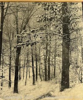 Unframed with Mat Folder Photograph of Trees in Snow with Artist's Signature in Red in Bottom Right Corner with Personalized Note on Mat "From Alta Avenue, Park Hill Yonkers, NY. December 1927, to Mr Herbert H Gibbs With Compliments of Rudolf Eickemeyer".  Some damage to mat. 14" x 19" including mat.  