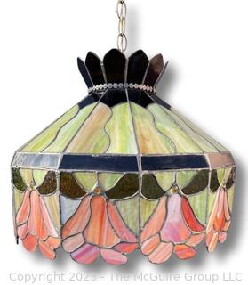 Stained Leaded Glass Pendant Light Chandelier with Flowers.  16" high