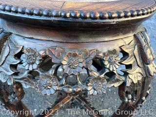 Asian Carved Wood Table or Plant Stand with Marble Top. 24 1/2" tall.  20" tall