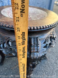 Asian Carved Wood Table or Plant Stand with Marble Top. 24 1/2" tall.  20" tall