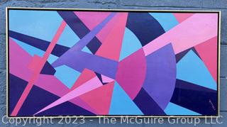 Framed Oil on Board Abstract in Pinks, Purples and Blues Signed by Artist V. Clements.  25" x 49".