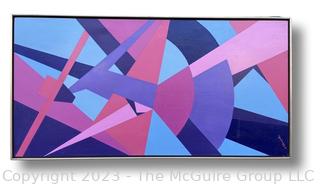 Framed Oil on Board Abstract in Pinks, Purples and Blues Signed by Artist V. Clements.  25" x 49".