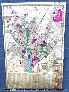 Large Hearn Brothers Polyconic Projection Pull Down Wall Map of Washington DC and Surrounding Areas.  Attached Measuring Tape.  Moisture Damage.  44" x 64".