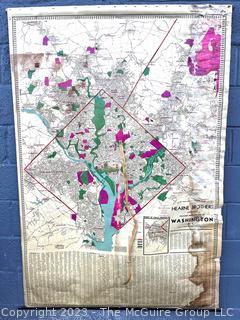 Large Hearn Brothers Polyconic Projection Pull Down Wall Map of Washington DC and Surrounding Areas.  Attached Measuring Tape.  Moisture Damage.  44" x 64".