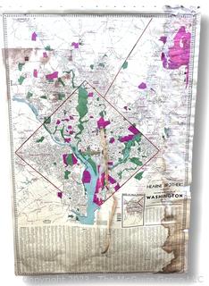 Large Hearn Brothers Polyconic Projection Pull Down Wall Map of Washington DC and Surrounding Areas.  Attached Measuring Tape.  Moisture Damage.  44" x 64".