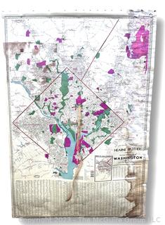 Large Hearn Brothers Polyconic Projection Pull Down Wall Map of Washington DC and Surrounding Areas.  Attached Measuring Tape.  Moisture Damage.  44" x 64".