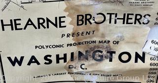 Large Hearn Brothers Polyconic Projection Pull Down Wall Map of Washington DC and Surrounding Areas.  Attached Measuring Tape.  Moisture Damage.  44" x 64".