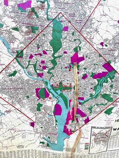 Large Hearn Brothers Polyconic Projection Pull Down Wall Map of Washington DC and Surrounding Areas.  Attached Measuring Tape.  Moisture Damage.  44" x 64".