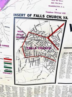 Large Hearn Brothers Polyconic Projection Pull Down Wall Map of Washington DC and Surrounding Areas.  Attached Measuring Tape.  Moisture Damage.  44" x 64".