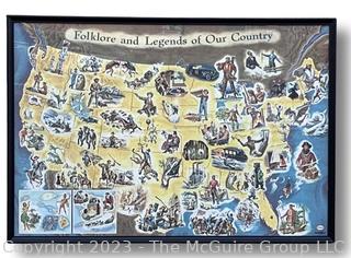 Framed Under Glass 1962 ESSO Folklore & Legends of our Country USA Map Road Atlas Education. 24" x 34"