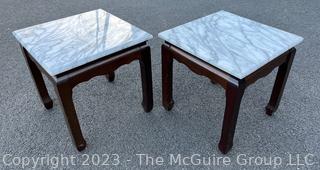 Two (2) Asian Style End Tables with Wood Base and Marble Top.  16" tall and 16" square.