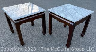 Two (2) Asian Style End Tables with Wood Base and Marble Top.  16" tall and 16" square.