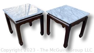 Two (2) Asian Style End Tables with Wood Base and Marble Top.  16" tall and 16" square.