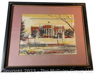 Framed with Glass Woodblock Print of the White House, Washington, DC. Outside Dimensions 25" x 20"