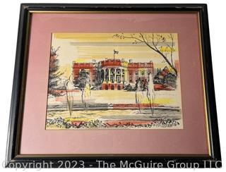 Framed with Glass Woodblock Print of the White House, Washington, DC. Outside Dimensions 25" x 20"