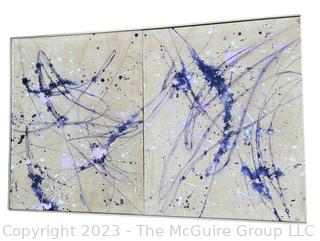 Large Stretcher Framed Oil on Canvas Blue and White Drip Abstract Signed by Artist, Siles.  Measures 30" x 48"