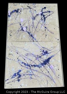 Large Stretcher Framed Oil on Canvas Blue and White Drip Abstract Signed by Artist, Siles.  Measures 30" x 48"