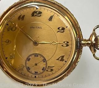 Unitas Pocket Watch. Movement Stamped "Union S.A. Soleure".  14k Gold Case. Total Weight 68g