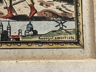 Framed Under Glass Hand Colored Lithograph "Icy e[s]t le vray pourtraict de la ville, cite, Universite de Parisy 1576" by Rossingol, originally published in Paris, 1576. Often referred to as “The Horseshoe Crab Map”. 13 1/2 x 12 1/2"