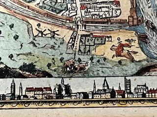 Framed Under Glass Hand Colored Lithograph "Icy e[s]t le vray pourtraict de la ville, cite, Universite de Parisy 1576" by Rossingol, originally published in Paris, 1576. Often referred to as “The Horseshoe Crab Map”. 13 1/2 x 12 1/2"