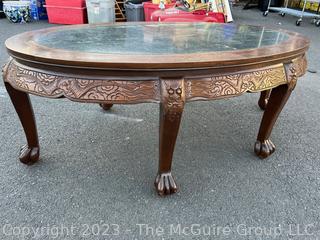 (NEWLY ADDED) Asian Style Oval Coffee Table with Carved Legs and Marble Inlaid Top.   30 x 50 x 19" Tall