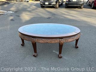 (NEWLY ADDED) Asian Style Oval Coffee Table with Carved Legs and Marble Inlaid Top.   30 x 50 x 19" Tall